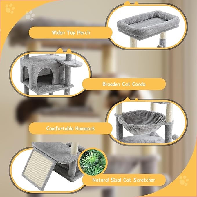 Cat Tree, 66 Inches Modern Cat Tower for Indoor Cats, Multi-Level Tall Cat Tree for Large Cats with Sisal-Covered Scratching Posts, Padded Platform, Hammock, and Condo, Grey