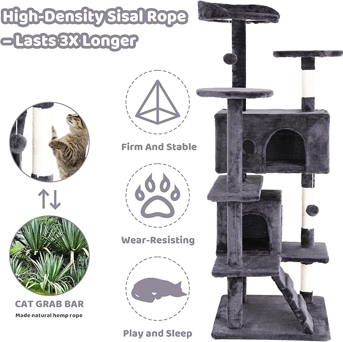 Large 54-Inch Cat Tree with Tower Condo - Cat Tower with Wrapped Sisal Scratching Post, Multiple Platforms, Hanging Baskets & Dangling Toy - Plush Cat Furniture for Indoor Cats - Light Gray