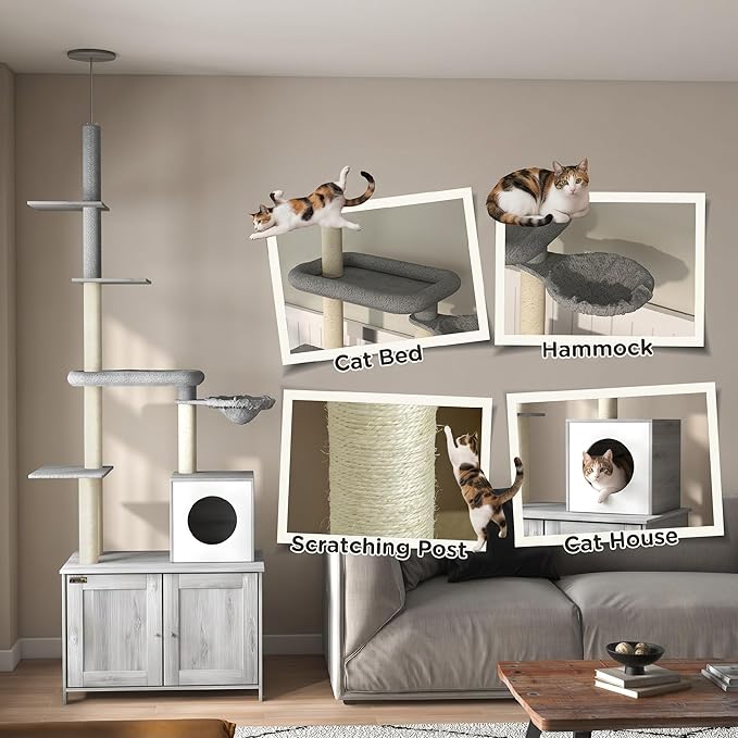 PawHut Cat Tree with Litter Box Enclosure, 2 in 1 Floor to Ceiling Cat Tower Furniture for Indoor Use, Includes Condo, Bed, Hammock, Scratching Posts, and Multiple Platforms, Gray