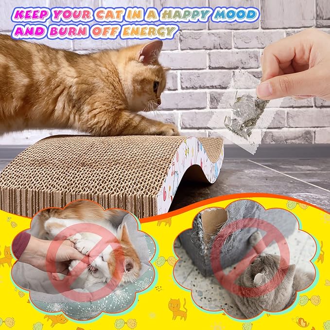 Qunclay 4 Pcs Cardboard Cat Scratcher, Reversible Cat Scratch Pad with Catnip, Textures Design S Shape Corrugated Boards for Furniture Protection