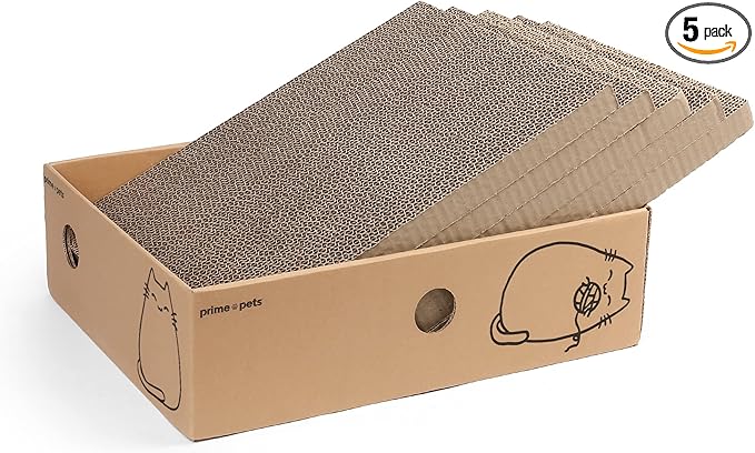 PrimePets Cat Scratcher, Wide Cat Scratch Pad with Box, 5 Pack, XL Reversible Scratcher Cardboard for Indoor Cats, 17x13x5'' Kitty Bed Scratching Board with Catnip, Convenient Replacement Hole Design