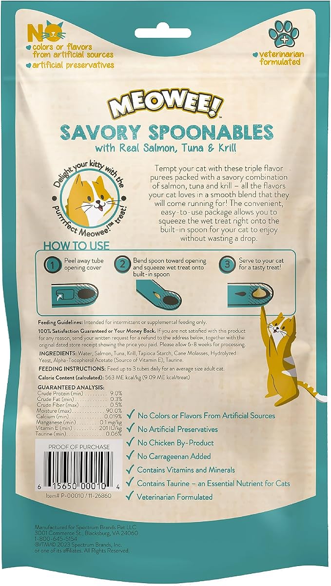 MEOWEE! Savory Spoonables with Real Salmon, Tuna & Krill, 8 Count Tube, Triple Flavor Squeezable Lickable Wet Treats for Cats with Built-in Spoon for Less Mess