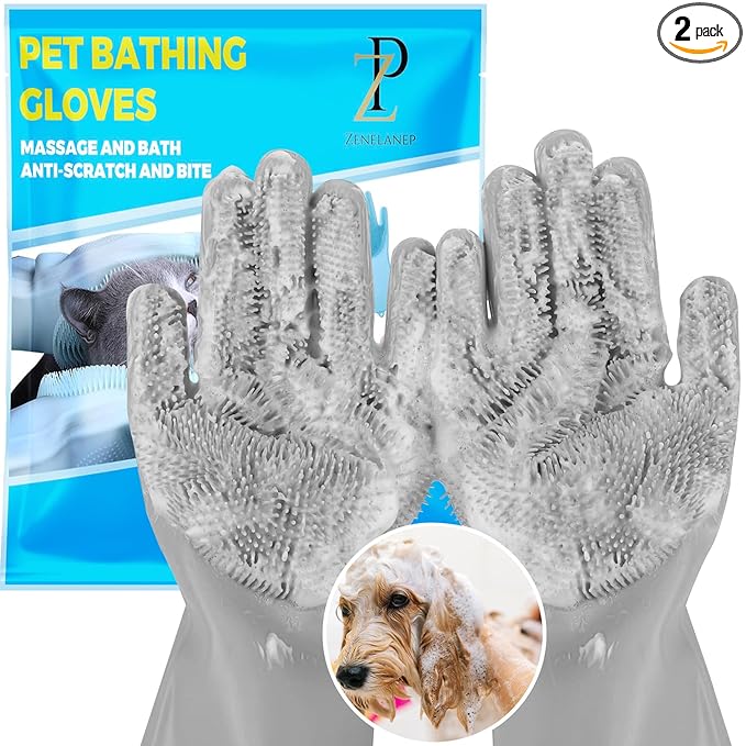 Pet Grooming Gloves - High-Density Silicone Gloves with Enhanced Five Finger Design for Massaging and Bathing Dogs and Cats (Grey)