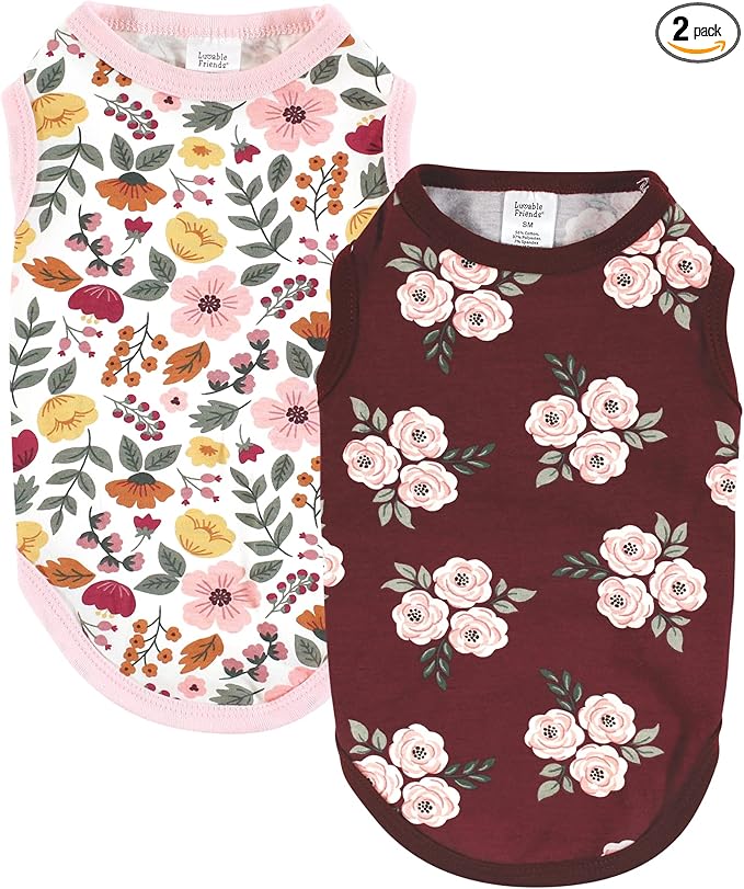 Luvable Friends Dog Pet Dog and Cats Cotton T-Shirts 2pk, Burgundy Floral Botanical, Medium