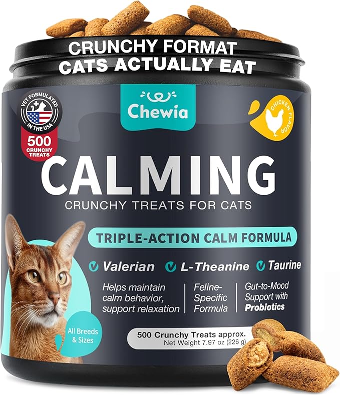 Cat Calming Treats - 500 Crunchy Calming Cat Treats with Melatonin for Cats Valerian Root L-Theanine Taurine & Probiotics - Cat Vitamins and Supplements for Stress Anxiety Relief All Breeds