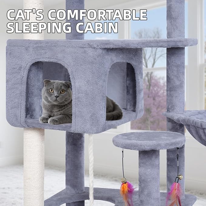 AIWIKIDE Big Cat Tree, Cat Tower with Multi-Level Condo, Hammocks, Rotating Toy (Grey, 63.4'')