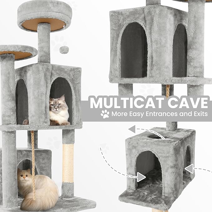58.5inch Large Cat Tree Tower Condo for Indoor Cats, Soft Plush Multi-Level Climbing Tree Cat House with Cat Cave, Scratching Post, More Entrance/Exit, Sisal Rope, Light Grey