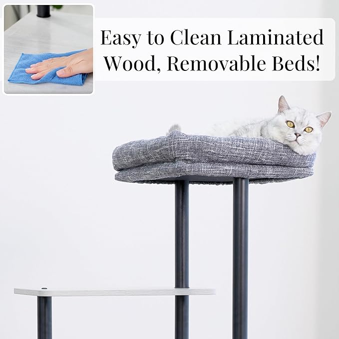 Petpals Heavy Duty Cat Tree with Durable Steel Frame and Laminated Board,Large Condo,Removable Top Bed,2 Replaceable Scratching Mats for Long-Lasting. (Light Gray)