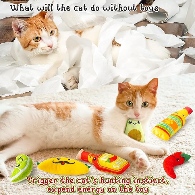 L1rabe Mexican Catnip Stuffed Toys - 6Pcs Pet Days Mexican Carnival Funny Cat Toys for Cat Lovers Gifts, Cute Taco Hot Sause Avocado Lime Indoor Kitten Chew Bite Kick Interactive Pet Supplies