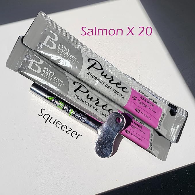 Squeezer & Cat Puree Box. Pure Balance Puree Gourmet Cat Treats Real Salmon Grain Free (20 Tubes)