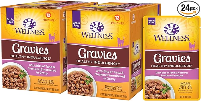 Wellness Healthy Indulgence Gravies Adult Wet Cat Food, Natural, Protein Rich, Grain Free, Tuna and Mackerel Recipe, 3 oz, Pack of 24 Pouches
