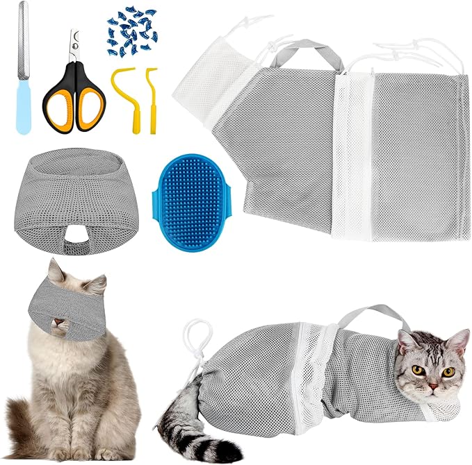 Cat Bathing Bag Adjustable Cat Grooming Net Bag Anti-bite & Anti-Scratch Cat Bath Washing Restraint Bag, Breathable Mesh Cat Grooming Bag for Shower, Nail Trimming, Injection