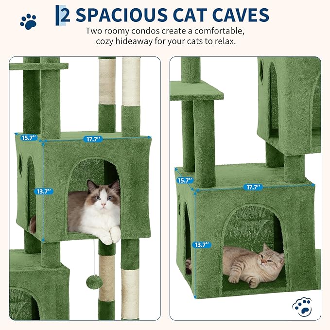 61.4 Inch Cat Tree, Large Cat Tower with Sisal Scratching Posts, 2 Spacious Cat Beds, Hanging Ball & Top Perch, Ideal for Large Indoor Adult Cats, Green