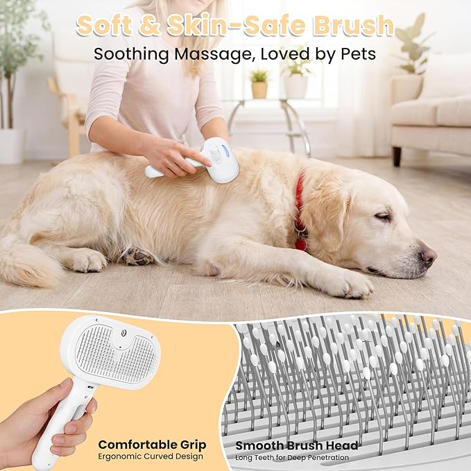 Pet Steam Brush for Dog & Cat, 4-in-1 Upgrade Steam Grooming Brush for Shedding and Hair Removal, Self Cleaning Spray Comb with Gentle Cool Mist for Long Haired Pets, Includes Waterless Shampoo