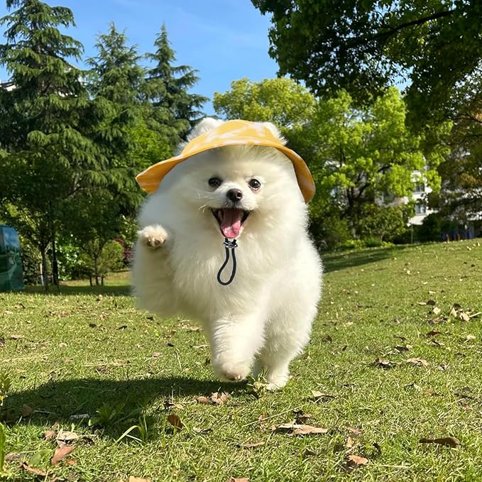 Pet Hat with Ear Holes Sunscreen Cap, Adjustable String Dog Cat Summer Sun Hat,Cat Dog Bucket Hat for Birthday Party Costume Decoration Outdoor Hiking(Yellow, Medium)