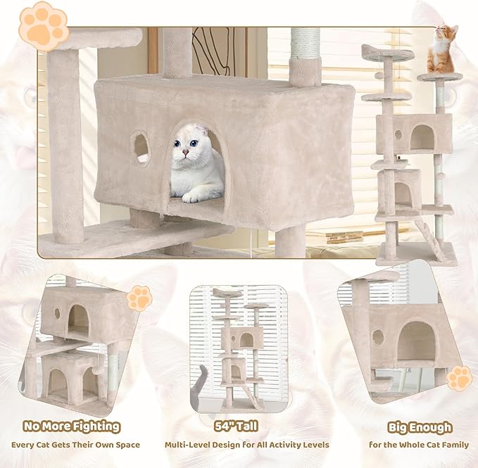 54" Cat Tree for Indoor Cats - Multi-Level Cat Tower with Scratching Posts, Jumping Platforms, Spacious Condo, Cat Bed Cave & Hidden Spaces - Durable Cat Furniture - Beige