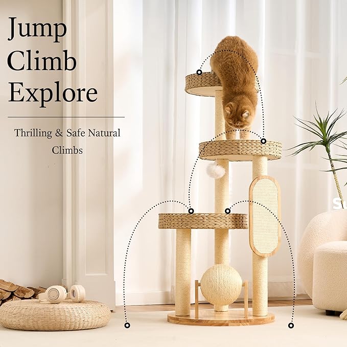 797Audio Wood Modern Cat Tree for Large Cat, 47" Tall Cat Tower with Scratching Posts, Cat Beds, Aesthetic Multi-Level Cat Climbing Tree with Hand-Woven Bed for Adult Indoor Cats