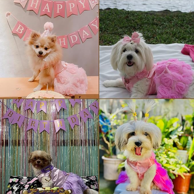 SMALLLEE_Lucky_Store Pet Small Dog Wedding Dress with Bowknot Birthday Party Costume Satin Rose Pearls Girl Formal Dress Cat Tutu Purple Violet, Medium