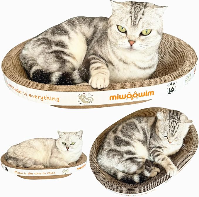 Miwoowim 3PCS 2 Cat Scratcher Bowl +1 Corrugated Scratch Pad with Box,Oval Shape Cat Scratcher Cardboard Bed, Scratching Lounge Bed, Cute Round Scratcher for Indoor Cats