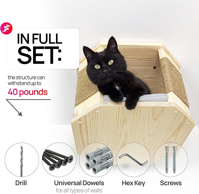Octagon Bed, Ceiling-Mounted Wooden Octagon with Sisal Rope Scratching Posts, Cat Ceiling Furniture, Octagonal Cat Shelf Bed with Cushion, W15.75 x D15.75 x H11 (Natural)