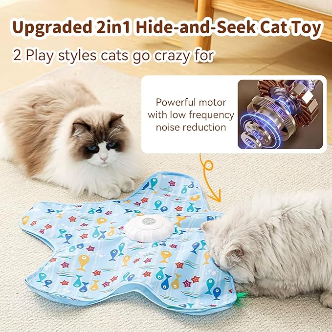 Interactive Cat Toy for Indoor Cats, Rechargeable Touch Activated Hide and Seek Cat Toys, Automatic Moving Concealed Wand Feather Toy for Bored Indoor Kitten Adult Cats, Real Bird Squeaky Blue