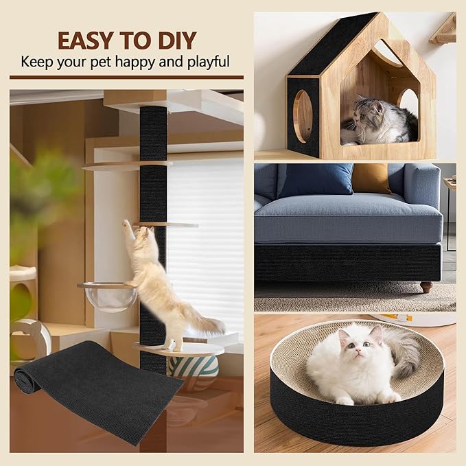 Cat Scratch Furniture Protector, 78.7"x15.8" Self Adhesive Cat Scratch Mat Pad,Cut to Fit DIY Replacement Carpet for Tree,Wall,Bed,Door, Couch Protector (Deep Black)