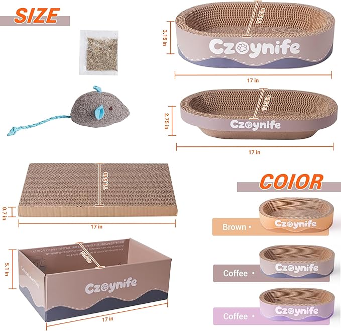 3PCS Cat Scratcher Bed, Oval Cat Scratcher Pad Bowl Nest for Indoor Cats, Round Cat Scratching Cardboard, Furniture Protector for Couch, for Kittens (Coffee, 17 * 11.5 in)
