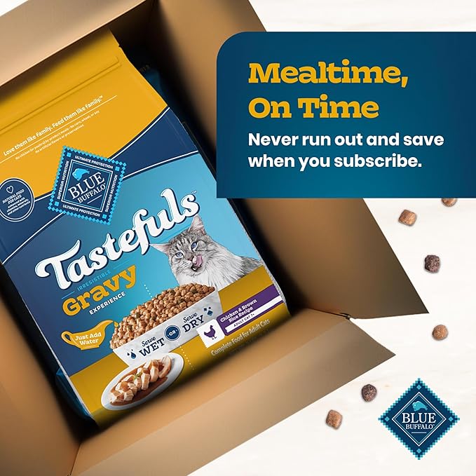 Blue Buffalo Tastefuls Irresistible Gravy Experience Chicken & Brown Rice Recipe Adult Cat 7+, Soft Dry Indoor Cat Food, Deliciously Healthy Natural Cat Food, Supports Digestion & Coat Health, 3 lbs.