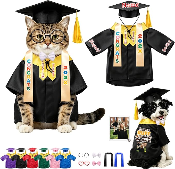 Personalized Cat Graduation Cap and Gown with Name Photo and Tassel, Custom Adjustable Pet Graduation Costume for Small Medium Large Cats Dogs Ceremony Photo Props