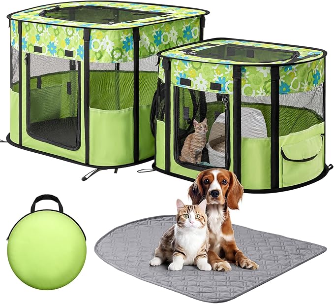 Portable Cat Playpen with Separate Areas, Foldable Indoor Outdoor Cat Enclosure, Portable Pet Tent for Kittens and Small Animals, Collapsible Tent Kennel Cage House with Tent Pegs and Carry Bag
