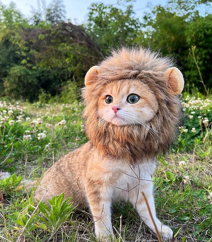 Lion Mane Wig for Cat Costume Pet Adjustable Washable Comfortable Fancy Lion Hair Cat Clothes Dress for Halloween Christmas Easter Festival Party Activity (Small, Brown)