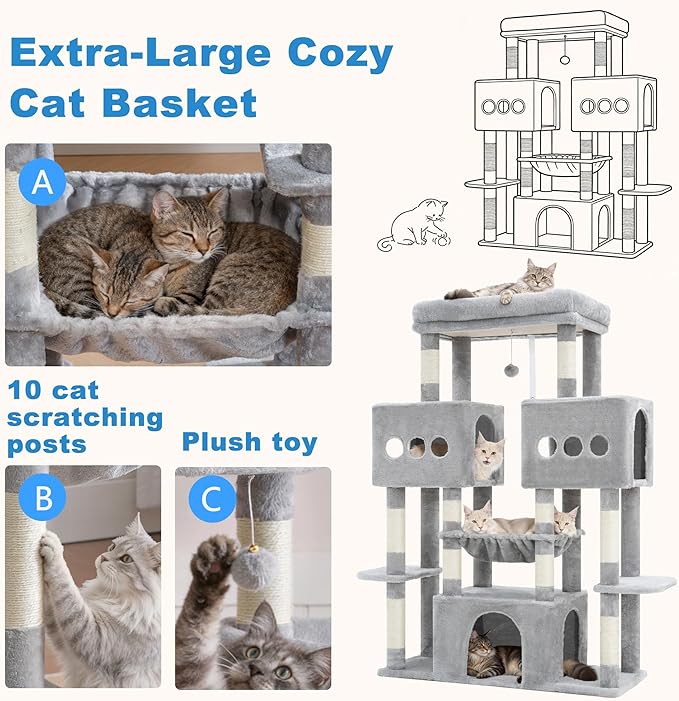 Hey-brother Cat Tree Tower, Large Sisal Scratching Posts with Big Platform, 3 Spacious Condos, Plush Hammock, Toy, 57.5 Inches Multi-Level Furniture for Indoor Adults Maine Coon, Light Gray MPJ083W