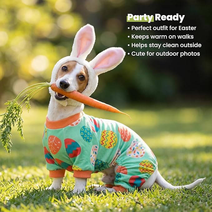 Fitwarm Easter Egg Dog Pajamas, Holiday Dog Clothes for Small Dogs Girl Boy, Pet Easter Outfit, Puppy Cat Onesie, Lightweight Velvet, Light Green, Orange, XXL