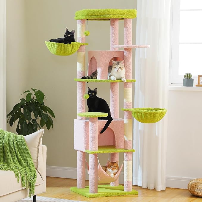 MUTTROS 71.2" Large Cat Tree for Multi-Cat Households - Heavy-Duty 9-Level Cat Tower w/5 Sisal Scratching Posts, 2 Condos, 3 Hammocks, Extra-Large Perch & Pompoms - Space-Saving, Pink