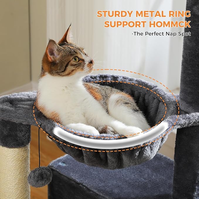 Cat Tree 45" for Indoor Cats, Compact Cat Tower with 2 Condos, Hammock Bed & 5 Hanging Ball Toys, Space-Saving Sturdy Cat Condo Furniture for Kittens & Small-Medium Cats