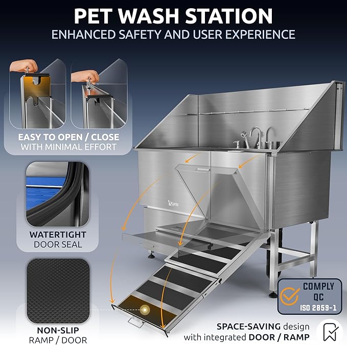KANIS Professional Dog Washing Station 304 Stainless Steel Pet Wash Sink & Grooming Bathtub w/Shower, Floor Grates and Storage for Large, Medium & Small Pets (Silver, 61 Inches, Right Ramp, 1 Drawer)