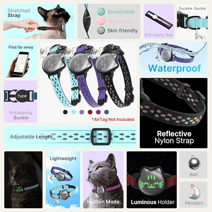 Waterproof Airtag 2nd & 1st Cat Collar, Breakaway Cat Airtag Collar with Luminous & Reflective Pattern Strap, Lightweight Kitten Collars for Apple Air tag, Hidden Holder - Cats, Kittens