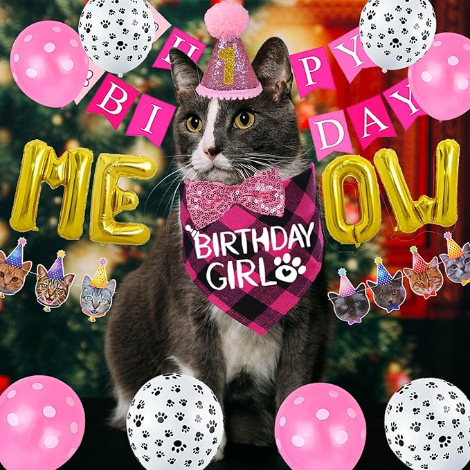 STMK Cat Birthday Party Supplies, Cat Birthday Hat Bandana Bow Tie Collar Number Banner Garland Meow Letter Balloons for Cats Kitten Outfits Decorations (Pink)