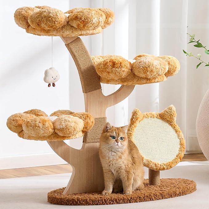 Aesthetic Flower Cat Tree Tower with Scratching Post for Indoor Cats, 37" Modern Cat Tree with Wood Sculpted Branch, Flower Cat Beds, Scratching Board & Interactive Squeaky Toy, Sunset Brown