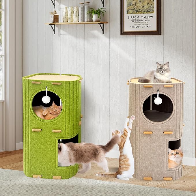 Homegroove Cat House for Indoor Cats, 2-Storey Cozy Felt Cat Bed Cave with Tunnel Hideaway, Large Multi-Cat Condo for Rest & Play (Camel, Large)