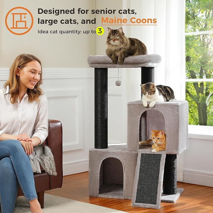 MUTTROS Heavy Duty Cat Tree for Indoor Cats Adult, 45-Inch Cat Tower with Sisal Scratching Ramp, 2 Cat Condo for Extra Large Cats, Big Top Perch, 3 Thick Black Scratching Posts (φ4.3) -Gray
