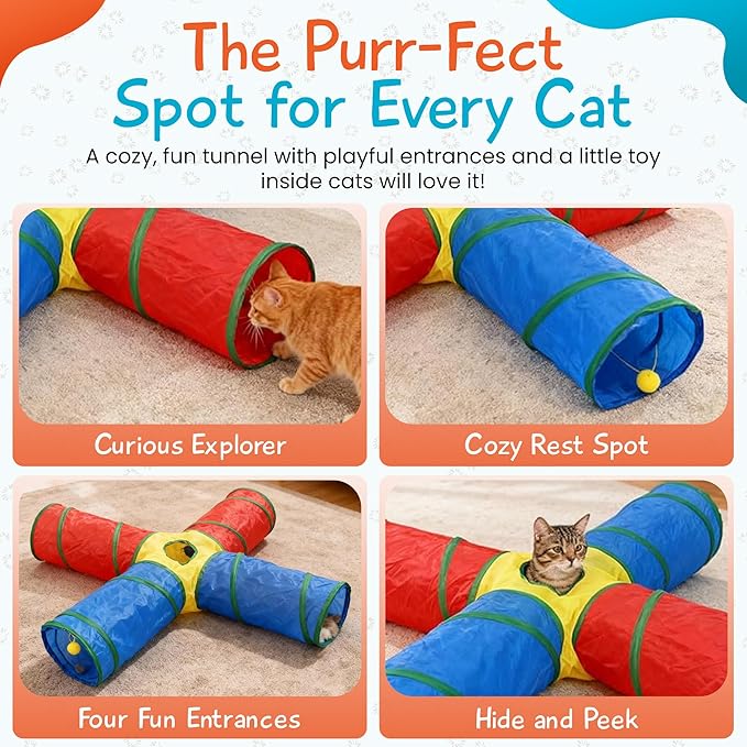 Cat Toys - 4-Way Tunnel for Indoor Cats with Peek Hole & 2 Mice - Large Foldable Rainbow Tube with Hanging Ball for Kittens, Rabbits, Small Dogs - Ideal Cat Toy