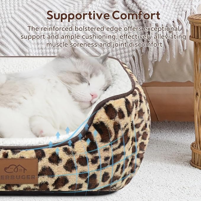 Zerbuger Rectangle Cat Dog Bed for Large Medium Small Pets Indoor Outdoor Machine Washable Sleeping Sofa Non-Slip Bottom Soft Puppy Bed Durable Orthopedic Calming Pet Cuddler (Small, Leopard)