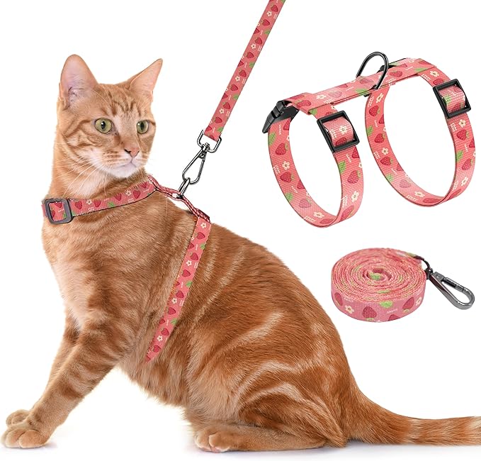 Seyezo Cat Harness and Leash Set, Adjustable Kitten Harness Escape Proof Cats Harness, Soft Lightweight Walking Travel Pet Harness, Cute Kitty Harness Leash Set for Small Medium Cats, Pink Strawberry