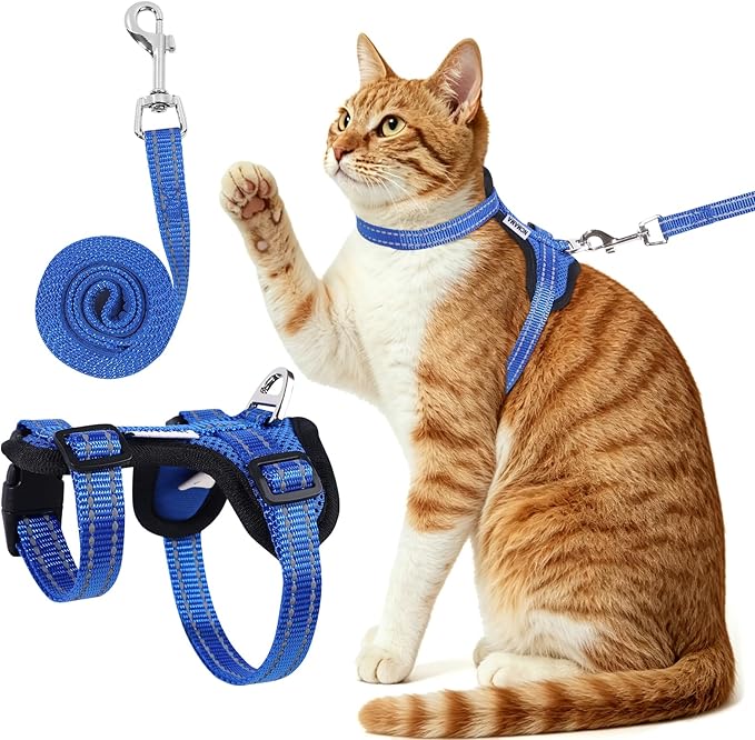 Cat Harness and Leash Set for Walking,Adjustable Escape Proof Kitten Harness and Leash with Reflective Strips,Easy to Wear Soft Breathable Harness for Cats Puppy Bunny Dogs Blue