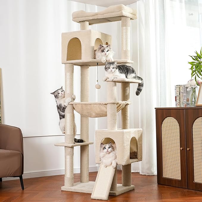 XXL Large Cat Tree Tower 70in Tall Heavy Duty Cat Tree for Maine Coon and Big Cats 20 lbs+,Enlarge Top Bed and Hammock, 2 Oversized Condo House with Scratching Posts-Beige
