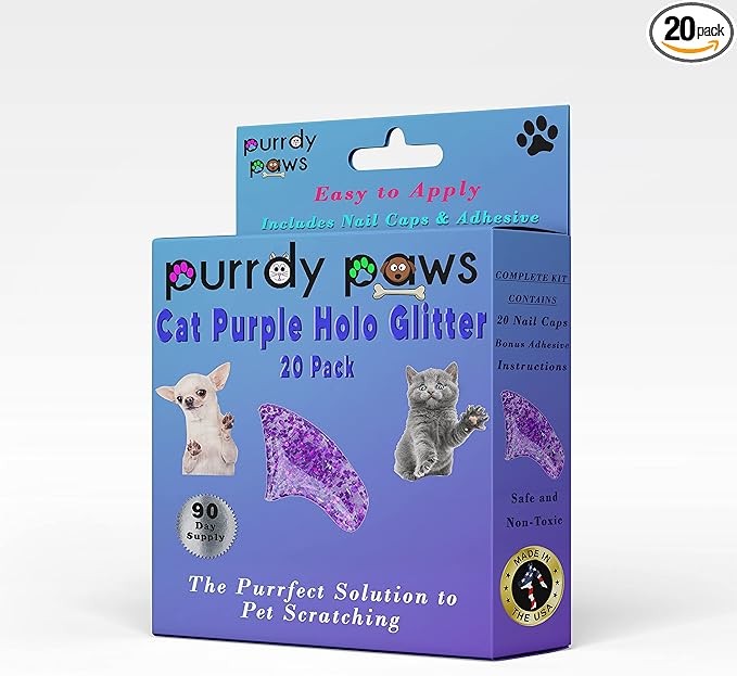 3 Month Supply Soft Nail Caps for Cats Purple Holographic Glitter Medium - Extra Adhesives