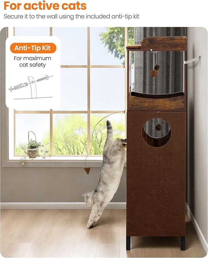 Modern Wood Cat Tree for Indoor Cats, 56 Inch Tall Cat Tower with Hammock, Multi-Level Trees with Perch Bed, 2 Hammock, Cat Condo, Scratching Board, Removable Pad, Cat Furniture, Rustic Brown