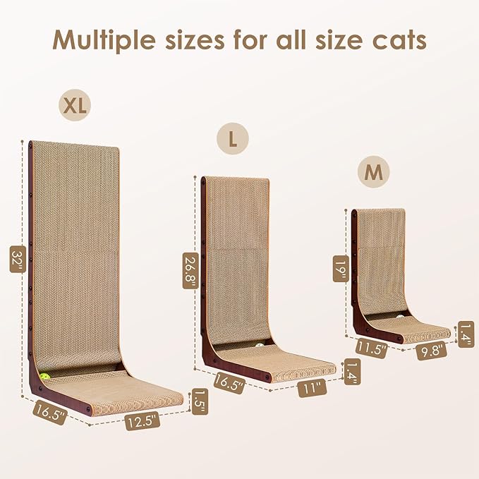 EHEYCIGA Cardboard Cat Scratcher for Indoor Kitten Cats, 19 Inch L Shaped Vertical Cat Scratching Board with Ball Cat Toy, Small Cat Scratcher Pad, Dark Brown