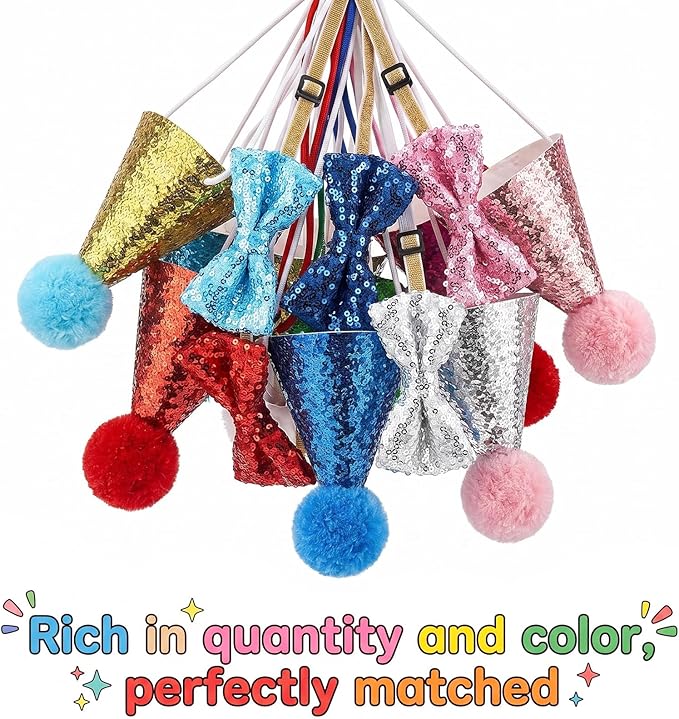 10 Pcs 5 Colors Dog Birthday Hat and Bow Tie Set-Sequin Mini Party Hats for Stuffed Animals, Cats, Puppies, Rabbits - Adjustable Sequin Pet Birthday Hats & Bowties Grooming Costume Accessories